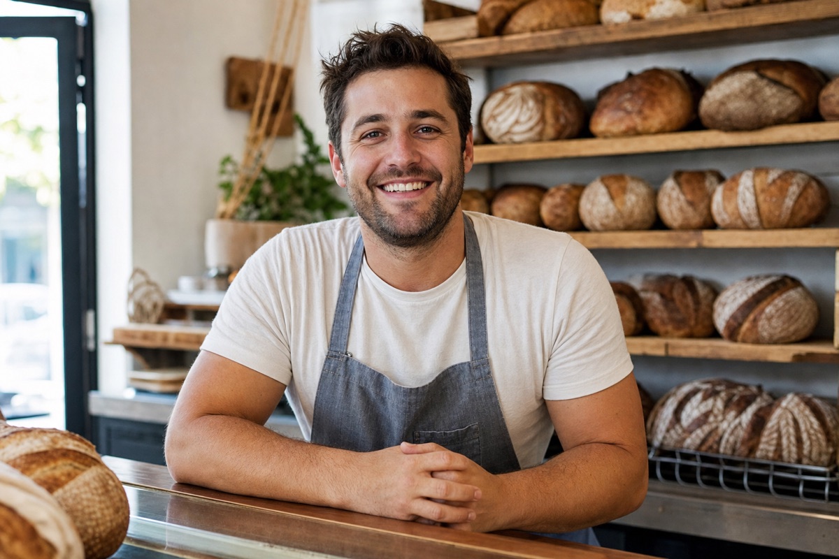 Smiling bakery owner behind the counter